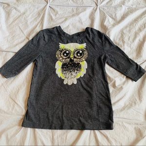 Justice sequin owl 3/4 arm shirt